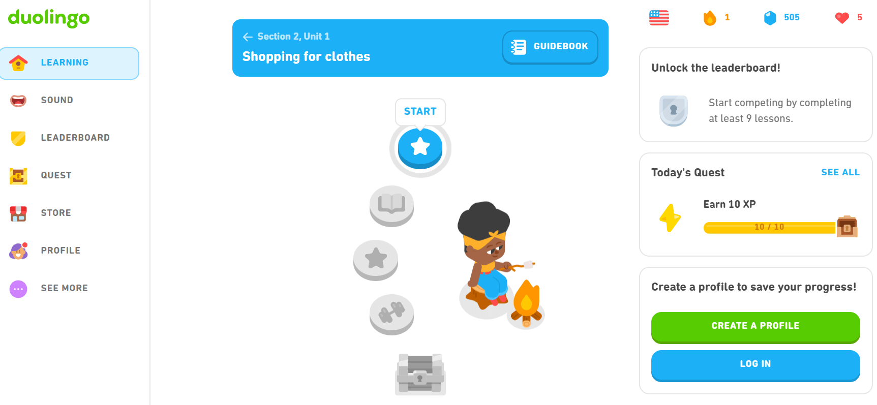 Duolingo web home screen