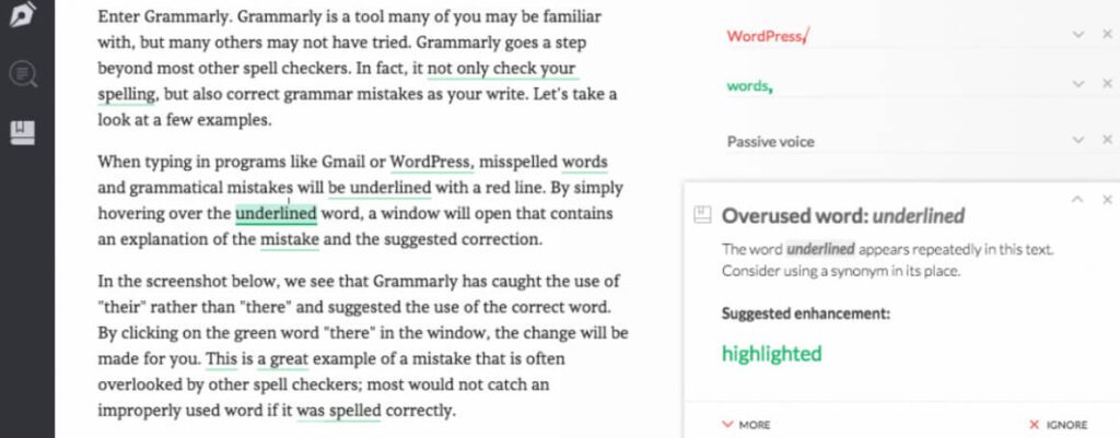 Grammarly correction suggestions shown in editor interface